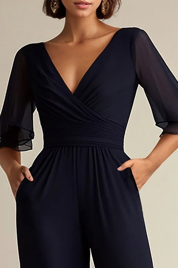 V Neck Navy Mother of the Bride Jumpsuit with Short Sleeves